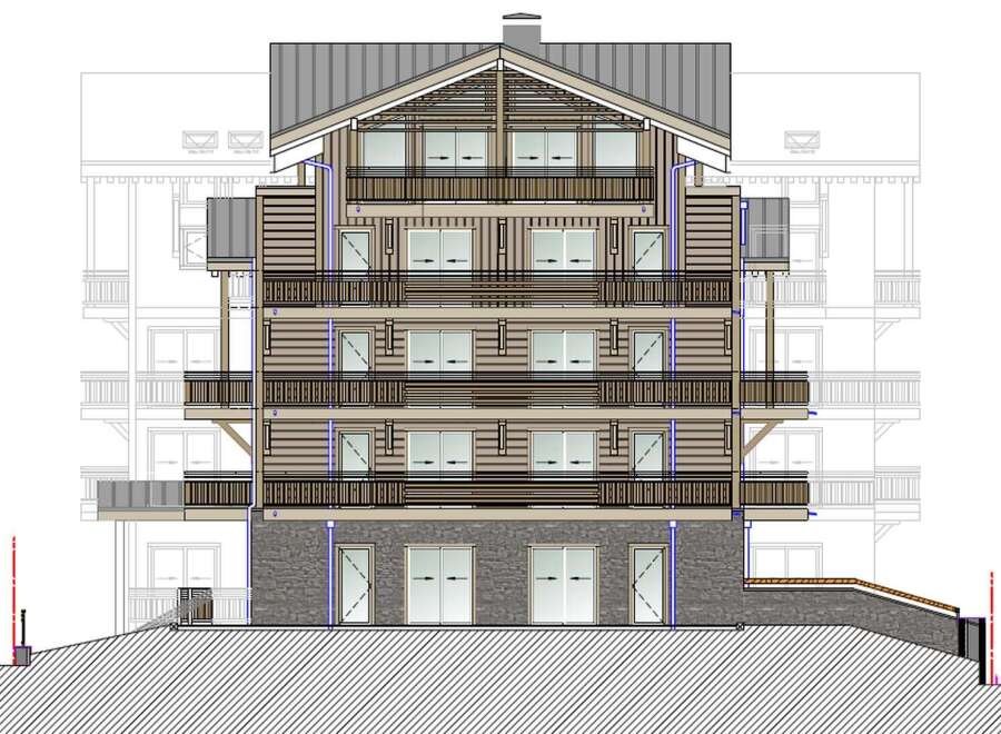 This is a multi-story residential building featuring a combination of wood and stone elements.