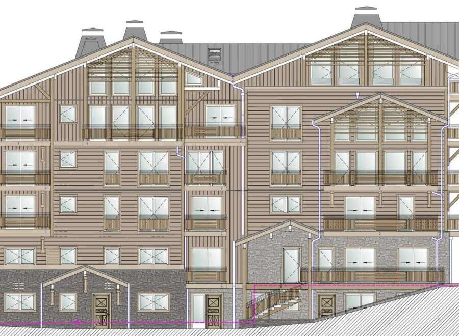Discover this stunning multi-story property featuring a blend of wood and stone architecture, perfect for a mountain resort or luxury apartments.