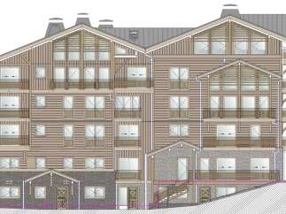 Discover this stunning multi-story property featuring a blend of wood and stone architecture, perfect for a mountain resort or luxury apartments.
