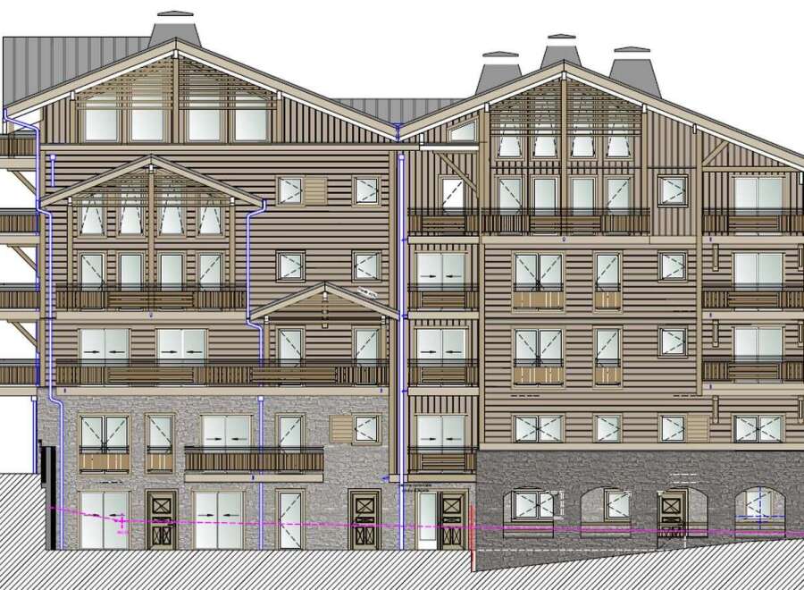Discover this stunning chalet-style apartment building, featuring a harmonious blend of wood and stone elements.