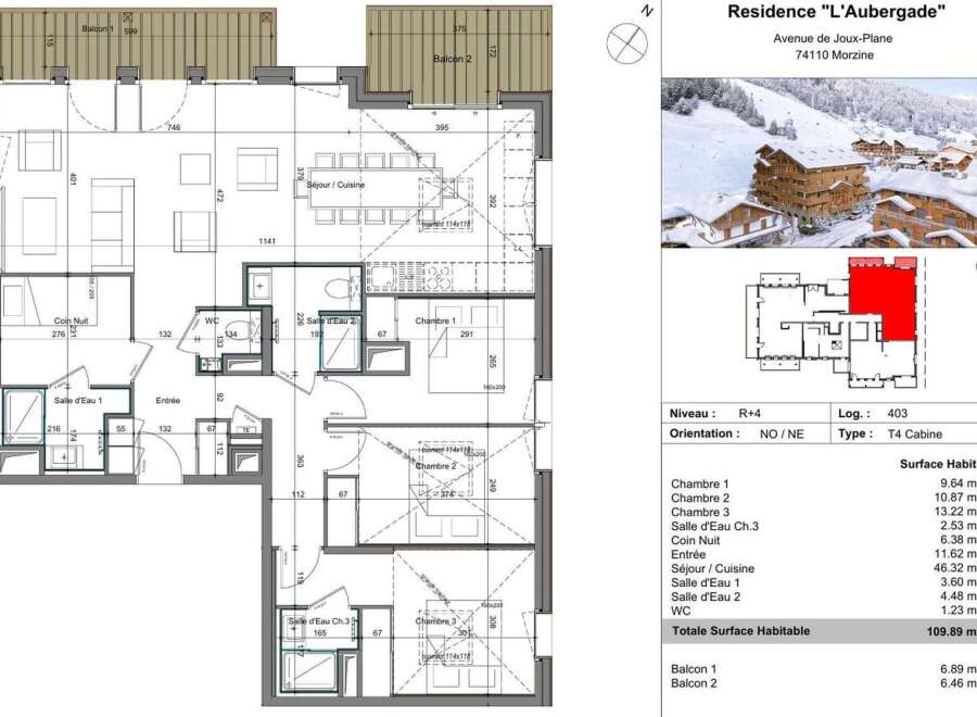 This floor plan showcases a T4 Cabine apartment in Residence L'Aubergade, located in Morzine.