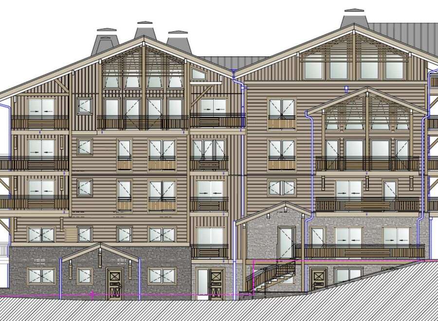 This is an architectural rendering of a multi-story condominium building with a rustic design, featuring wooden siding, multiple windows, and balconies.