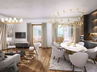 This luxurious living space boasts an open floor plan, seamlessly connecting the living, dining, and kitchen areas.