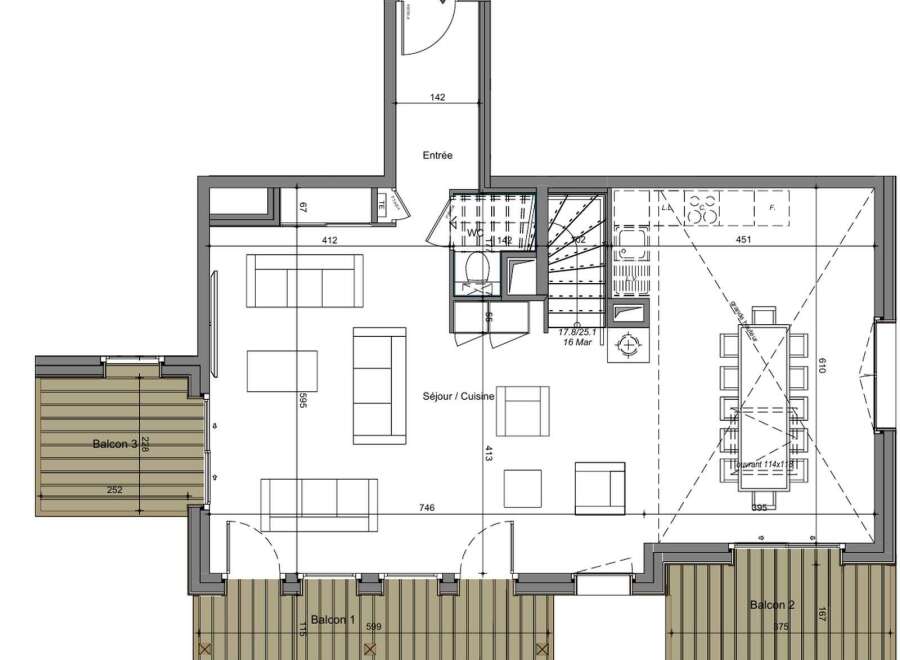 This floor plan showcases a modern home design with multiple balconies, offering ample outdoor living space.