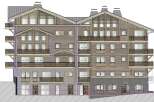 Discover this stunning chalet-style apartment building, featuring a harmonious blend of wood and stone elements.