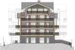 This is a multi-story residential building featuring a combination of wood and stone elements.