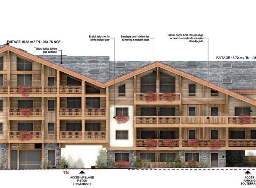 This is an architectural rendering of a multi-story chalet-style building, showcasing a blend of natural wood and stone facade.