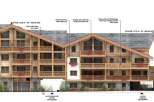 This is an architectural rendering of a multi-story chalet-style building, showcasing a blend of natural wood and stone facade.