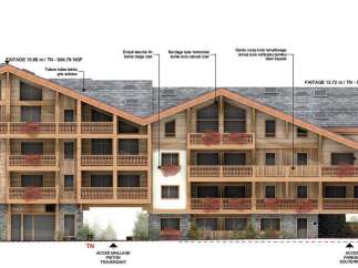 This is an architectural rendering of a multi-story chalet-style building, showcasing a blend of natural wood and stone facade.