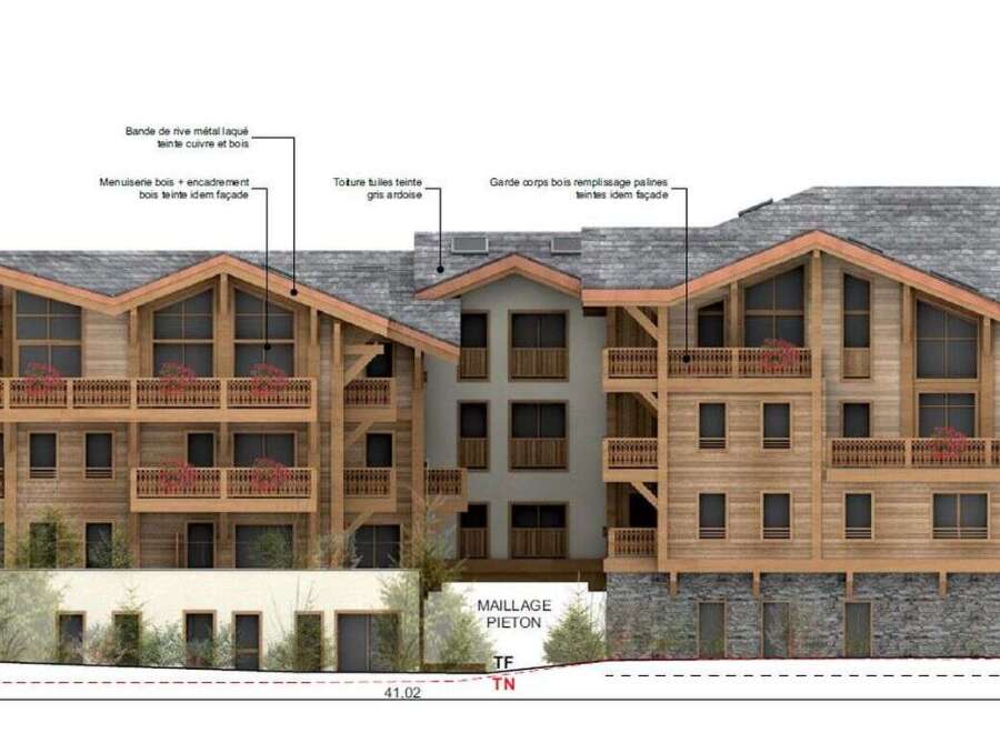 This is an architectural rendering of a chalet-style property, showcasing its wooden facade, slate roof, and copper-toned metal accents.