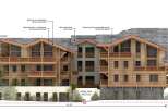 This is an architectural rendering of a chalet-style property, showcasing its wooden facade, slate roof, and copper-toned metal accents.