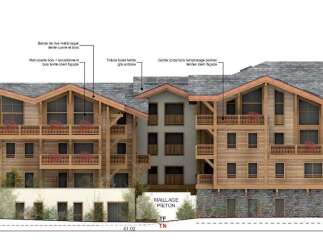 This is an architectural rendering of a chalet-style property, showcasing its wooden facade, slate roof, and copper-toned metal accents.