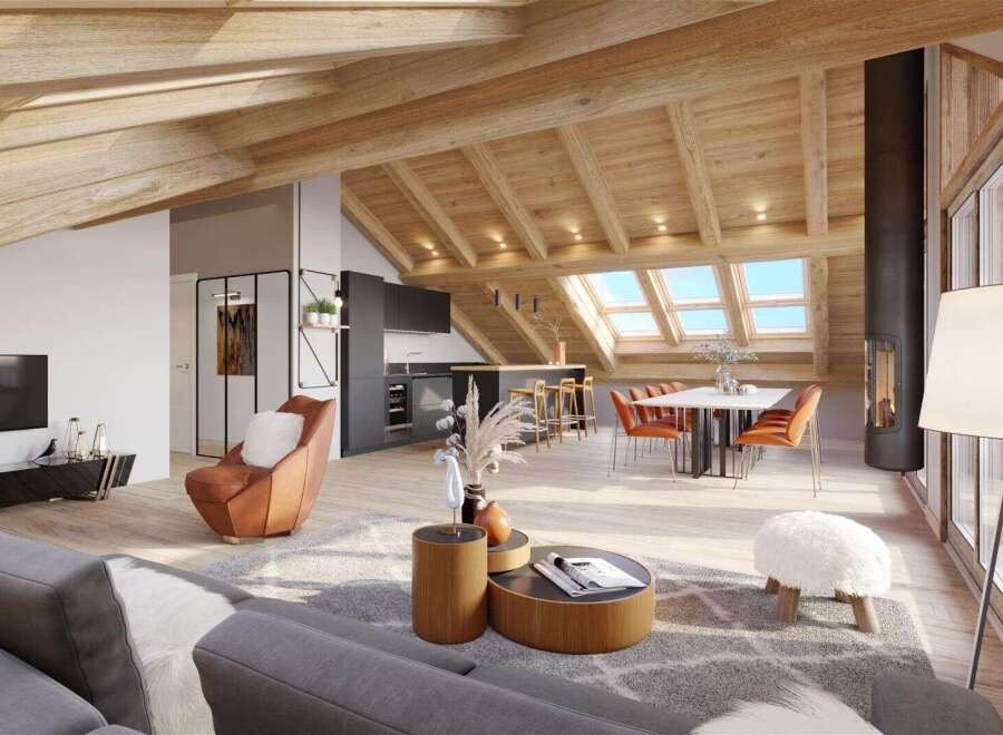 A modern living space with exposed wood beams and skylights offers a bright and airy atmosphere.