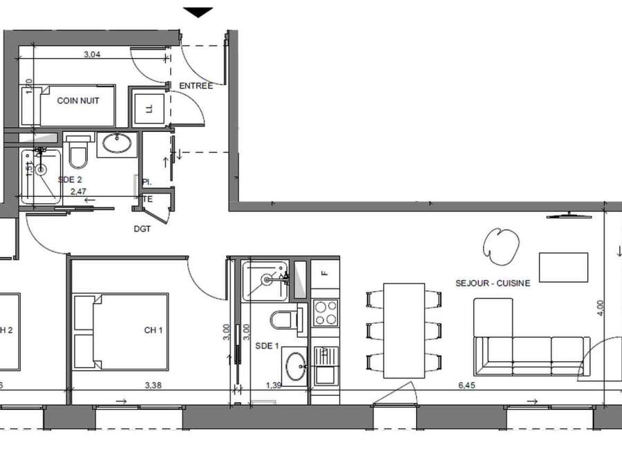 This floor plan showcases a well-designed apartment featuring two bedrooms (CH 1 and CH 2), a cozy sleeping corner (COIN NUIT), and two bathrooms (SDE 1 and SDE 2).