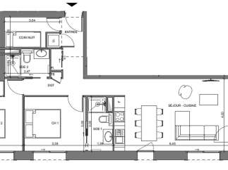 This floor plan showcases a well-designed apartment featuring two bedrooms (CH 1 and CH 2), a cozy sleeping corner (COIN NUIT), and two bathrooms (SDE 1 and SDE 2).