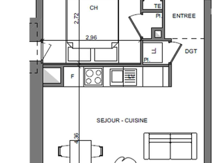 This floor plan showcases a thoughtfully designed apartment with a combined living and kitchen area, a cozy bedroom, and a refreshing bathroom.