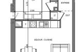 This floor plan showcases a thoughtfully designed apartment with a combined living and kitchen area, a cozy bedroom, and a refreshing bathroom.