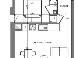 This floor plan showcases a thoughtfully designed apartment with a combined living and kitchen area, a cozy bedroom, and a refreshing bathroom.