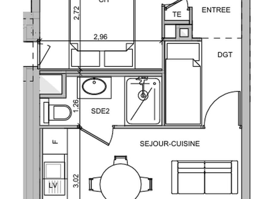This floor plan showcases a modern apartment layout, optimizing space with a combined living and kitchen area.