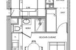 This floor plan showcases a modern apartment layout, optimizing space with a combined living and kitchen area.