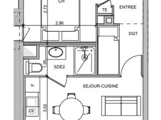 This floor plan showcases a modern apartment layout, optimizing space with a combined living and kitchen area.