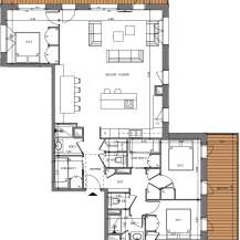 Discover a beautifully designed apartment featuring an open-concept living and kitchen area, perfect for modern living.