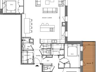 Discover a beautifully designed apartment featuring an open-concept living and kitchen area, perfect for modern living.
