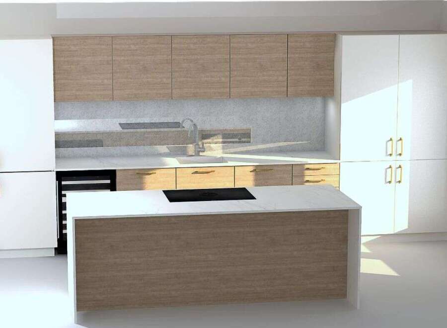 This modern kitchen features a sleek island with a white countertop and a light wood base, complemented by matching upper and lower cabinets.