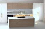 This modern kitchen features a sleek island with a white countertop and a light wood base, complemented by matching upper and lower cabinets.