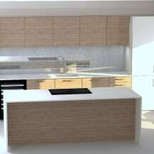 This modern kitchen features a sleek island with a white countertop and a light wood base, complemented by matching upper and lower cabinets.