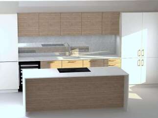 This modern kitchen features a sleek island with a white countertop and a light wood base, complemented by matching upper and lower cabinets.
