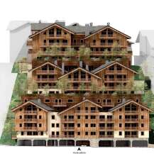 This is an image of a multi-level chalet-style apartment building.