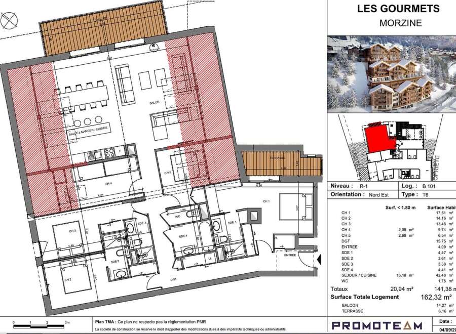 Discover a luxurious T6 apartment in Les Gourmets, Morzine, offering a spacious layout with a living area, kitchen, five bedrooms, and four bathrooms.