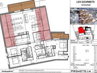 Discover a luxurious T6 apartment in Les Gourmets, Morzine, offering a spacious layout with a living area, kitchen, five bedrooms, and four bathrooms.