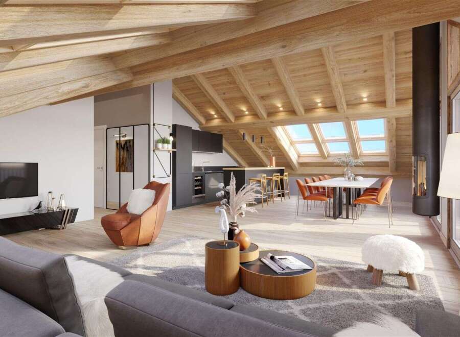 This is a stunning chalet-style apartment with exposed wooden beams and an open-concept living area.