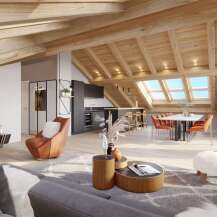 This is a stunning chalet-style apartment with exposed wooden beams and an open-concept living area.