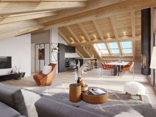 This is a stunning chalet-style apartment with exposed wooden beams and an open-concept living area.