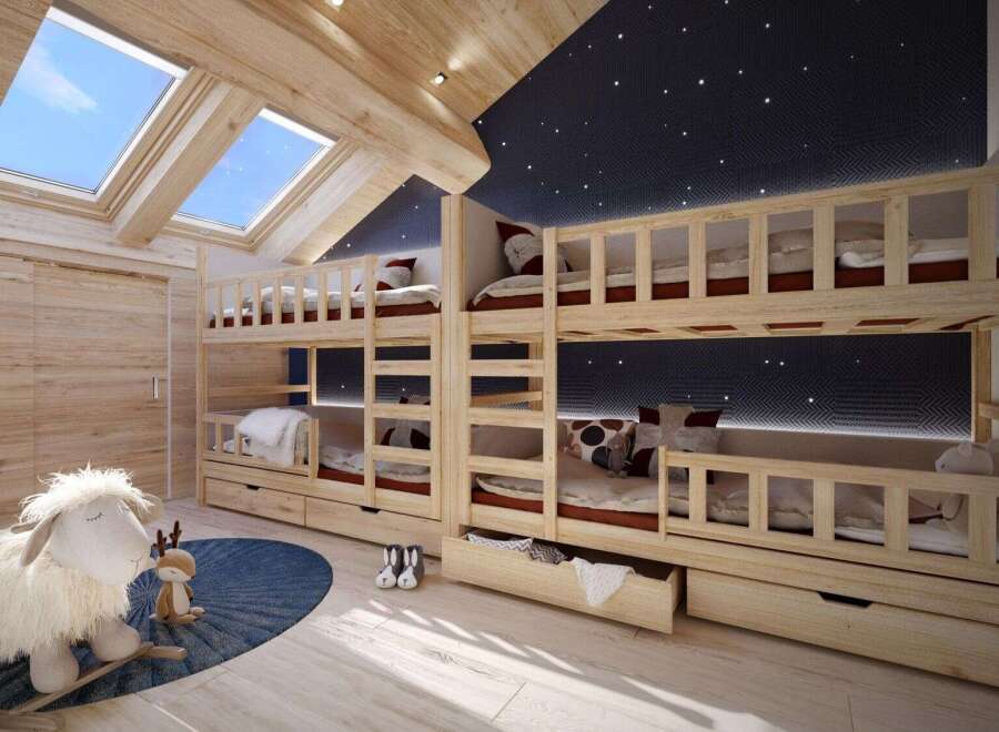 This property features a charming children's room with custom-built wooden bunk beds, perfect for siblings or sleepovers.