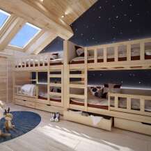This property features a charming children's room with custom-built wooden bunk beds, perfect for siblings or sleepovers.