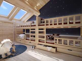 This property features a charming children's room with custom-built wooden bunk beds, perfect for siblings or sleepovers.