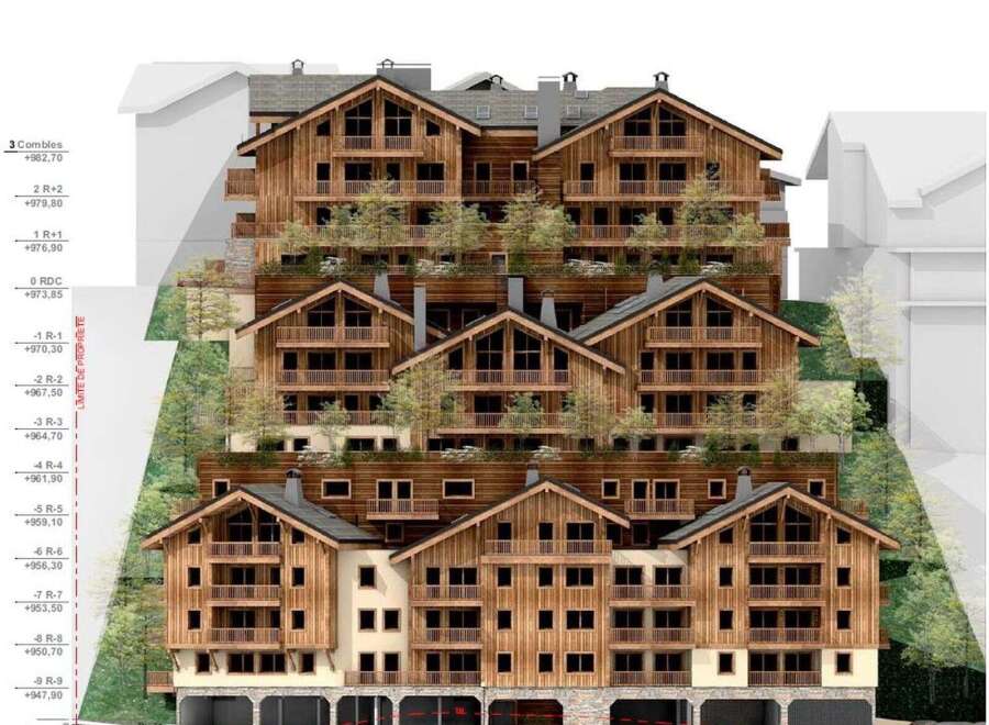 This is an image of a multi-level chalet-style apartment building.