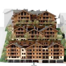 This is an image of a multi-level chalet-style apartment building.