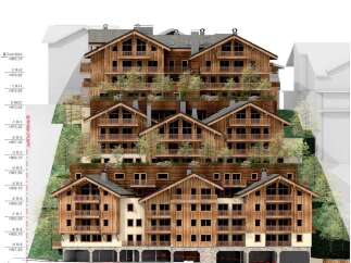 This is an image of a multi-level chalet-style apartment building.