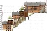 This architectural drawing showcases a multi-level residential building integrated into a sloped landscape, featuring wooden facades and balconies.