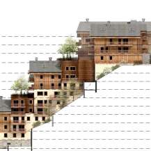 This architectural drawing showcases a multi-level residential building integrated into a sloped landscape, featuring wooden facades and balconies.