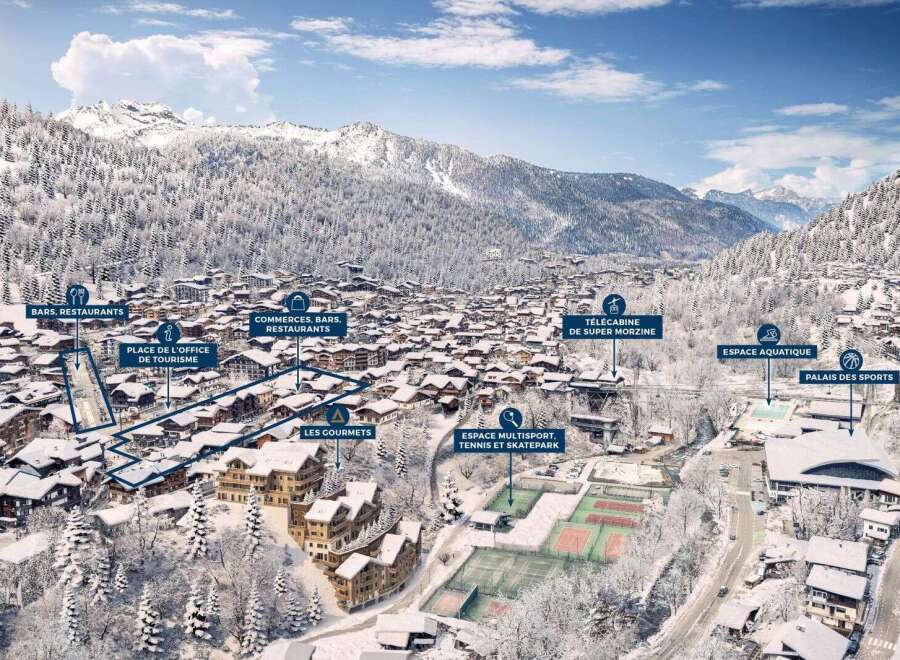 Explore the charming ski town of Morzine with easy access to amenities like bars, restaurants, shops, and the tourist office.