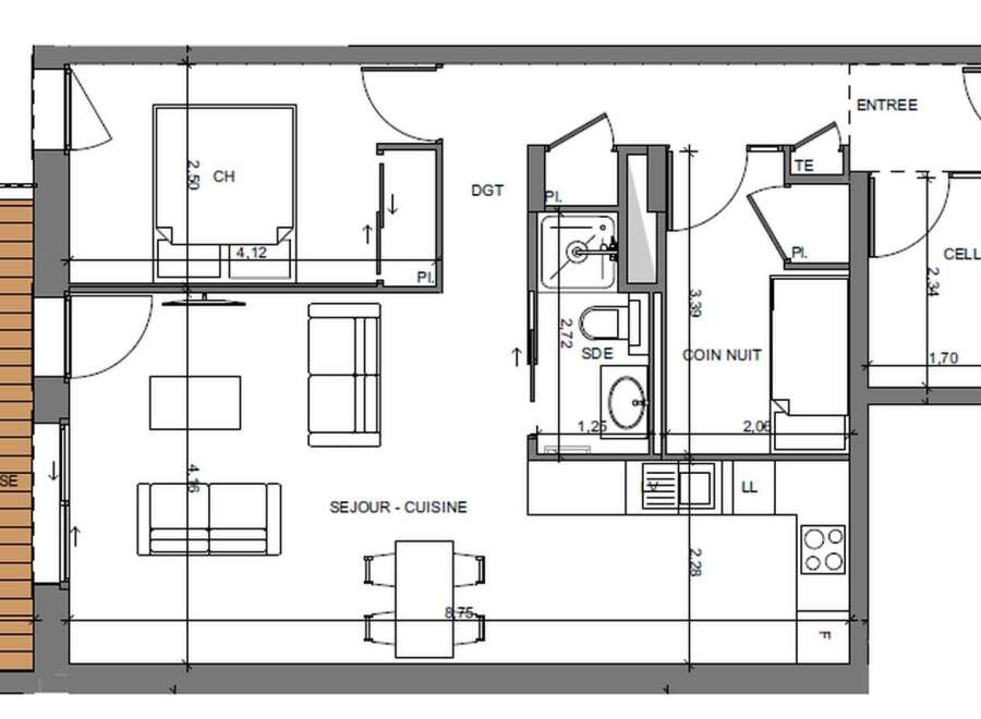 This floor plan showcases a well-designed apartment with distinct zones for living and resting.
