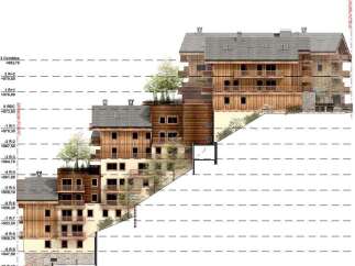 This architectural drawing showcases a multi-level residential building integrated into a sloped landscape, featuring wooden facades and balconies.