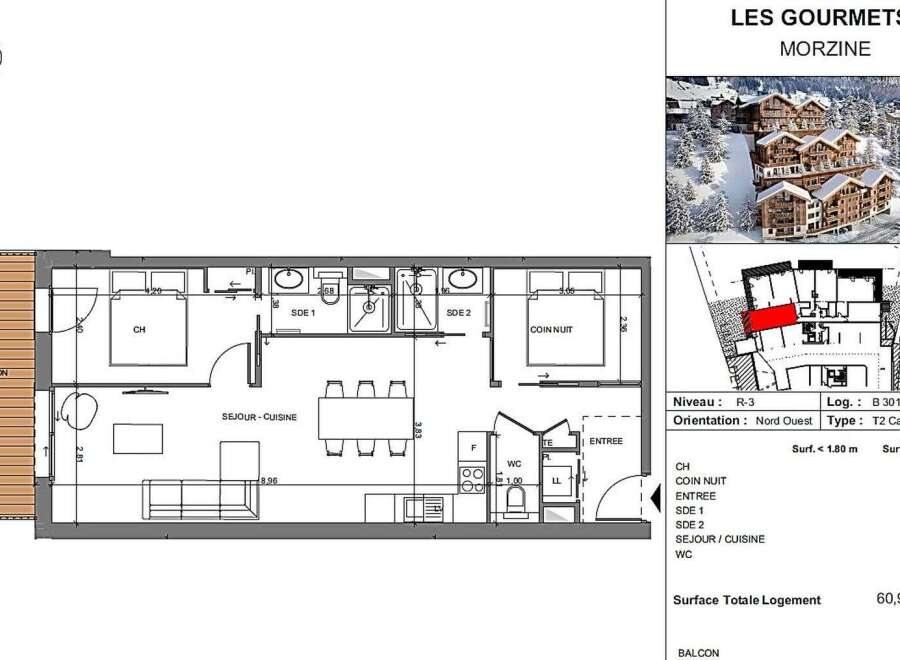 Discover this T2 Cabin apartment in Les Gourmets, Morzine, featuring a well-distributed layout with a living/kitchen area, bedroom, and a cozy sleeping alcove.