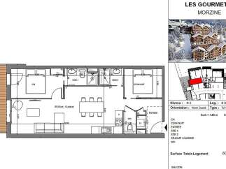 Discover this T2 Cabin apartment in Les Gourmets, Morzine, featuring a well-distributed layout with a living/kitchen area, bedroom, and a cozy sleeping alcove.